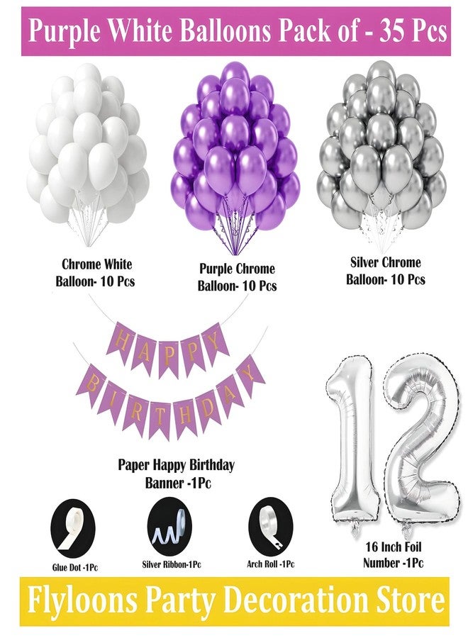Flyloons 12th Birthday Decoration Items Purple and White Theme Combination for Boys Girls | 30 Pcs Purple White Silver Color Balloons | Purple Happy Birthday Banner | Arch Tape | Glue Dots - Image 2